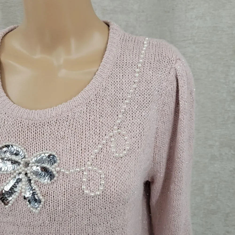 Stepping Stones Vintage Light Pink Silk Angora Blend Pearl Sequin Bow on Front - Picture 4 of 11